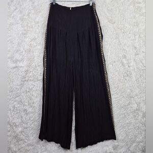 Free People Wide Leg Crinkle Palazzo Pants Sz 10 Embroidered Festival Boho